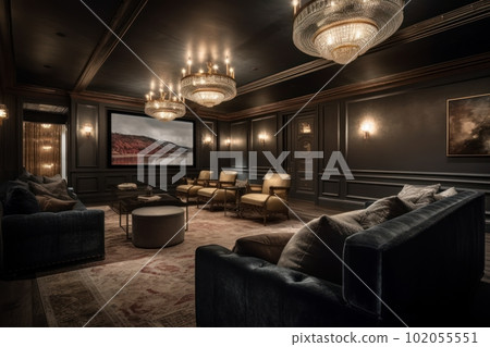Private home theater. Depict a state-of-the-art home theater with plush seating, surround sound, and a large screen for an immersive movie experience. Generative AI Private home theater. Depict a state-of-the-art home theater with plush seating, surround sound, and a large screen for an immersive movie experience. Generative AI 102055551