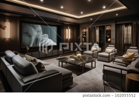 Private home theater. Depict a state-of-the-art home theater with plush seating, surround sound, and a large screen for an immersive movie experience. Generative AI 102055552