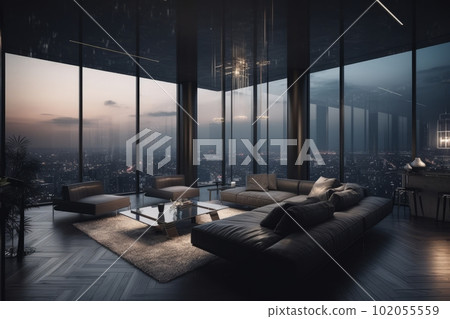 Living room with a view: Illustrate a luxurious living room in a penthouse with floor-to-ceiling windows offering a stunning view of the city skyline at night. Generative Ai Living room with a view: Illustrate a luxurious living room in a penthouse with floor-to-ceiling windows offering a stunning view of the city skyline at night. Generative Ai 102055559