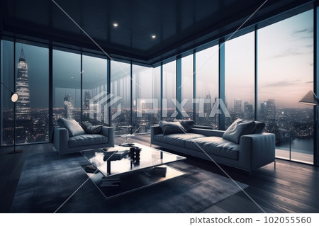 Living room with a view: Illustrate a luxurious living room in a penthouse with floor-to-ceiling windows offering a stunning view of the city skyline at night. Generative Ai 102055560