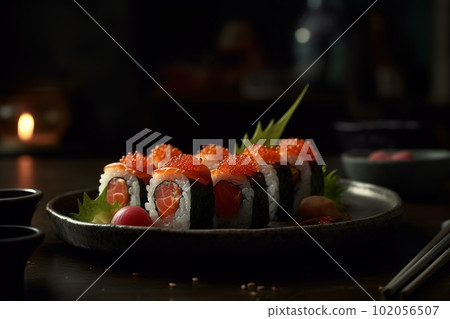Fresh plate of sushi, maki and sashimi in restaurant. Generative AI. 102056507