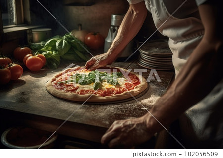 Pizza maker prepares a pizza in a typical pizzeria, Pizza margherita is ready for cooking, behind him there is the oven on, on the pizza there is basil, mozzarella and tomato. Generative AI. 102056509
