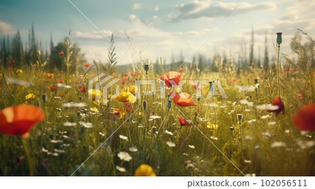 Beautiful poppies, daisys field in the spring sunny day. Generative AI. 102056511