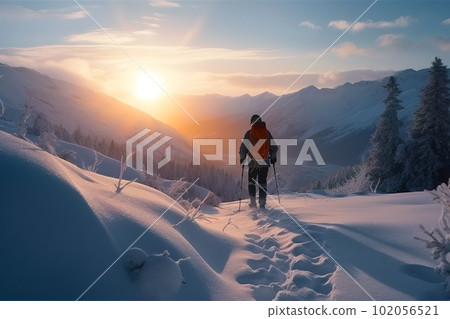 Back view of mountaineer backcountry ski waling in the mountains. Ski touring in high alpine landscape with snowy trees at the sunset. Generative AI. 102056521