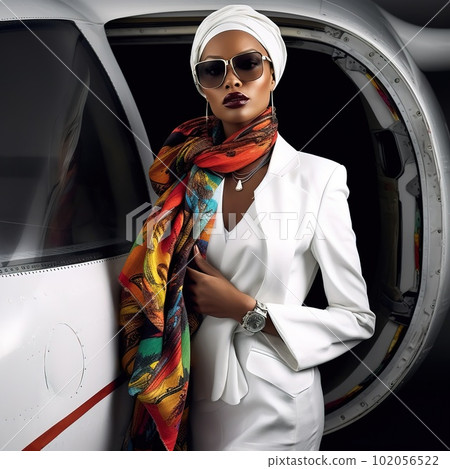 Fashion black woman model near airplane. Generative ai. Fashion black woman model near airplane. Generative ai. 102056522