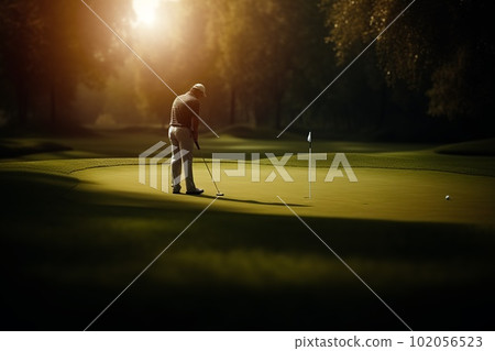 A male golfer playing a game on a green field in summer. Generative AI. 102056523