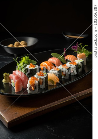 Sushi platter, featuring a variety of fresh fish, sushi rolls, and elegant garnishes, presented on a sleek, modern plate. Generative Ai Sushi platter, featuring a variety of fresh fish, sushi rolls, and elegant garnishes, presented on a sleek, modern plate. Generative Ai 102056887
