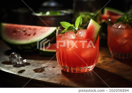 Watermelon cocktail, featuring a vodka or tequila-based drink mixed with fresh watermelon juice, served in a chilled glass garnished with mint leaves. Generative AI Watermelon cocktail, featuring a vodka or tequila-based drink mixed with fresh watermelon juice, served in a chilled glass garnished with mint leaves. Generative AI 102056894