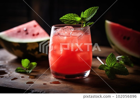 Watermelon cocktail, featuring a vodka or tequila-based drink mixed with fresh watermelon juice, served in a chilled glass garnished with mint leaves. Generative AI Watermelon cocktail, featuring a vodka or tequila-based drink mixed with fresh watermelon juice, served in a chilled glass garnished with mint leaves. Generative AI 102056896