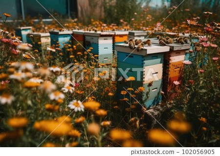 Sunlit scene featuring a field of colorful, blossoming flowers, with bees busily flying from flower to flower, collecting nectar to create sweet, delicious honey back at their hive. Generative Ai. Sunlit scene featuring a field of colorful, blossoming flowers, with bees busily flying from flower to flower, collecting nectar to create sweet, delicious honey back at their hive. Generative Ai. 102056905