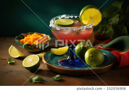 A vibrant, festive margarita, served in a salt-rimmed glass and garnished with a slice of lime, surrounded by fresh ingredients, such as citrus fruits and a bowl of tortilla chips. Generative AI 102056906
