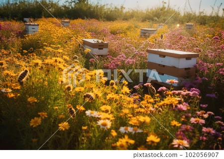 Sunlit scene featuring a field of colorful, blossoming flowers, with bees busily flying from flower to flower, collecting nectar to create sweet, delicious honey back at their hive. Generative Ai. 102056907