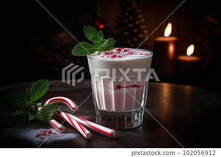 A chilly, peppermint-infused cocktail, featuring a creamy, white chocolate liqueur-based drink, served in a frosty glass with a candy cane set against a snowy, holiday-inspired backdrop. Generative Ai A chilly, peppermint-infused cocktail, featuring a creamy, white chocolate liqueur-based drink, served in a frosty glass with a candy cane set against a snowy, holiday-inspired backdrop. Generative Ai 102056912
