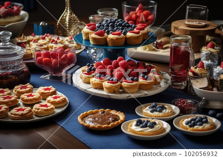 A creative, Independence Day-themed dessert table, patriotic cupcakes, and a star-spangled fruit platter, set in a festive, party atmosphere. Generative AI. 102056932