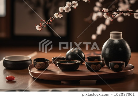 A captivating, Japanese-inspired sake presentation, with a traditional sake set, including a ceramic flask and small cups, surrounded by cherry blossoms and minimalist decor. Generative AI 102057001