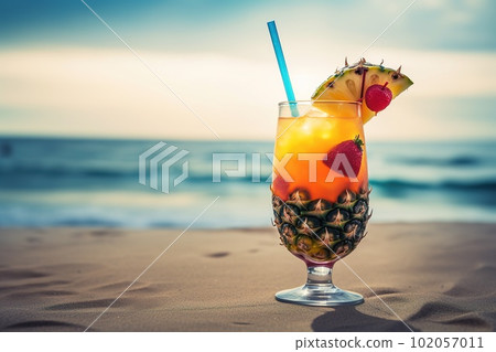 A refreshing, tropical cocktail, served in a stylish glass and garnished with a vibrant paper umbrella, fresh fruit, and a colorful straw, set against a sunlit beach backdrop. Generative AI A refreshing, tropical cocktail, served in a stylish glass and garnished with a vibrant paper umbrella, fresh fruit, and a colorful straw, set against a sunlit beach backdrop. Generative AI 102057011