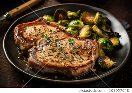 A plate of pork chops with roasted Brussels sprouts and garlic. Generative Ai A plate of pork chops with roasted Brussels sprouts and garlic. Generative Ai 102057048