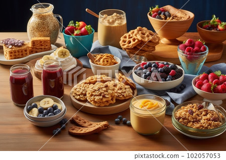 Breakfast with Peanut butter spread tasty dishes, such as peanut butter smoothies, peanut butter and fruit-topped pancakes and granola yogurt bowls. Generative Ai Breakfast with Peanut butter spread tasty dishes, such as peanut butter smoothies, peanut butter and fruit-topped pancakes and granola yogurt bowls. Generative Ai 102057053