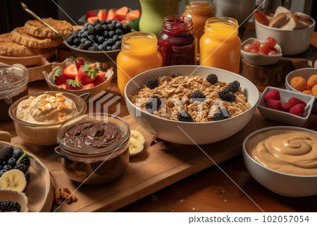 Breakfast with Peanut butter spread tasty dishes, such as peanut butter smoothies, peanut butter and fruit-topped pancakes and granola yogurt bowls. Generative Ai 102057054