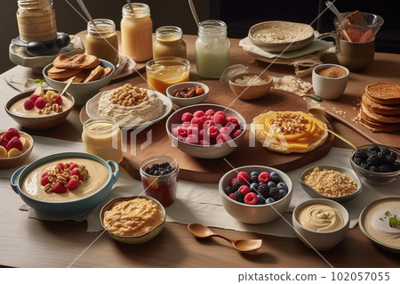 Breakfast with Peanut butter spread tasty dishes, such as peanut butter smoothies, peanut butter and fruit-topped pancakes and granola yogurt bowls. Generative Ai Breakfast with Peanut butter spread tasty dishes, such as peanut butter smoothies, peanut butter and fruit-topped pancakes and granola yogurt bowls. Generative Ai 102057055