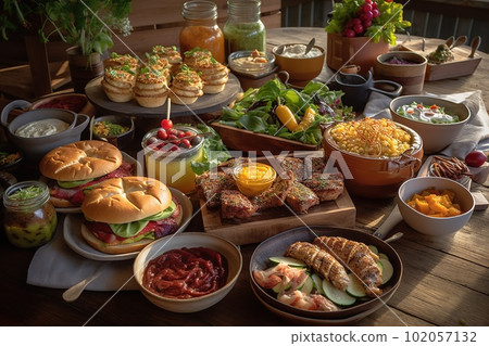 A variety of barbecued dishes, such as burgers, ribs, or grilled vegetables, accompanied by refreshing side dishes and sauces, set against a rustic, wooden table. Generative AI. 102057132