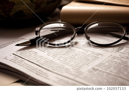 A detailed, close-up shot of essential documents or tools related to the global economy, such as international trade agreements, tax forms, or financial reports. Generative AI A detailed, close-up shot of essential documents or tools related to the global economy, such as international trade agreements, tax forms, or financial reports. Generative AI 102057133