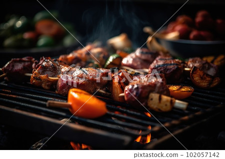 A mouthwatering, close-up image of sizzling meat, vegetables, seafood on a barbecue grill, showcasing the rich, caramelized and enticing colors, set against a backdrop of glowing charcoal. 102057142
