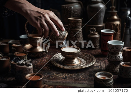 A global, coffee culture exploration, showcasing a variety of traditional coffee preparations and rituals from around the world. Generative AI 102057170