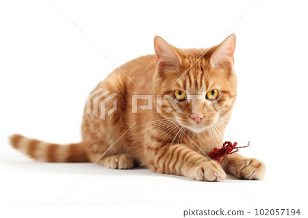 A playful, action shot of a cat capturing and chewing on a toy or snack, showcasing the feline's natural hunting instincts and the joy it finds in playtime, on white background. A playful, action shot of a cat capturing and chewing on a toy or snack, showcasing the feline's natural hunting instincts and the joy it finds in playtime, on white background. 102057194