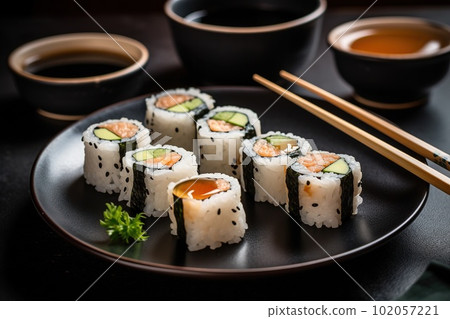 A plate of sushi rolls with soy sauce and wasabi, with chopsticks. Generative AI 102057221