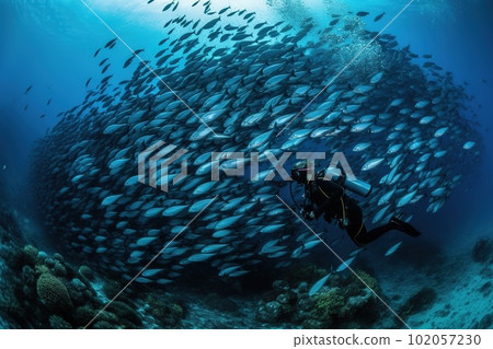 A diver swimming with a school of fish in a coral reef. Generative AI. 102057230