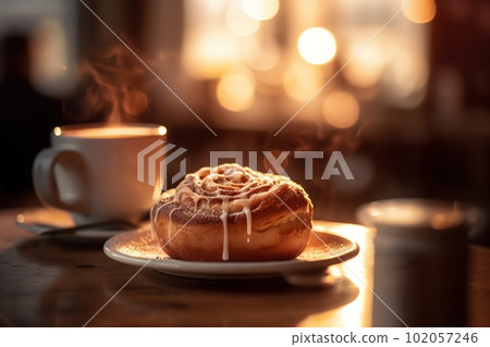 A cozy, inviting scene of a steaming cup of coffee and a deliciously frosted cinnamon roll, with a soft focus background. Generative AI. 102057246