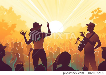 Illustration of Summer music festival concert scene, capturing a couple dancing, singing, and enjoying live performances together, surrounded by the energetic and vibrant atmosphere. Generative AI 102057248