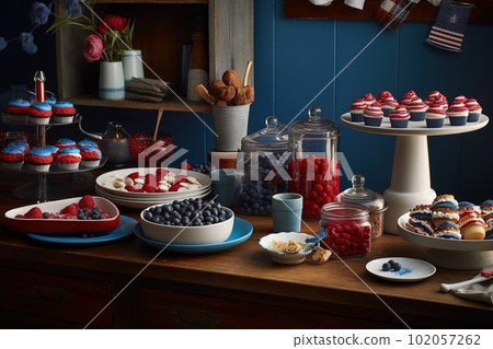 Independence Day themed dessert table, featuring an array of red, white, and blue treats, such as flag-shaped cookies, patriotic cupcakes, and a star-spangled fruit platter. Generative AI Independence Day themed dessert table, featuring an array of red, white, and blue treats, such as flag-shaped cookies, patriotic cupcakes, and a star-spangled fruit platter. Generative AI 102057262