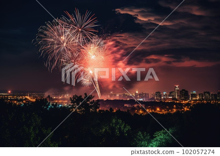 A spectacular, nighttime fireworks, lighting up the sky with vibrant, colorful bursts, celebrating the spirit of Independence Day, set against the backdrop of a city skyline or a serene. Generative AI 102057274