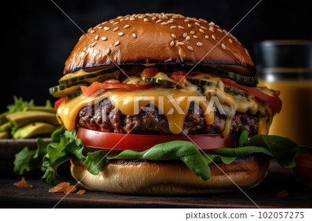 A close-up shot of a juicy, mouthwatering burger, stacked with crispy lettuce, ripe tomatoes, melted cheese, and a perfectly grilled patty. Generative AI 102057275