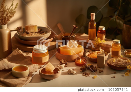 Honey-themed spa setting, highlighting the use of honey as a natural skincare ingredient, honey-infused products, face masks, body scrubs, moisturizers, on relaxation-focused backdrop. Generative AI 102057341