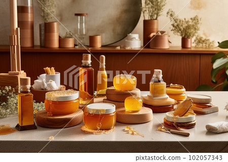 Honey-themed spa setting, highlighting the use of honey as a natural skincare ingredient, honey-infused products, face masks, body scrubs, moisturizers, on relaxation-focused backdrop. Generative AI 102057343