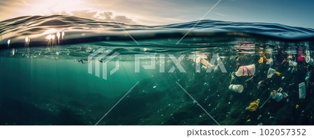 Plastic bottles and plastic bags floating in ocean. Ocean pollution ecology concept. Generative AI. Plastic bottles and plastic bags floating in ocean. Ocean pollution ecology concept. Generative AI. 102057352
