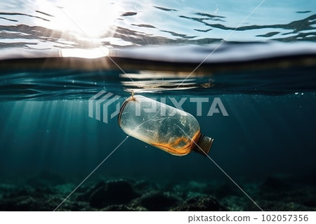 Plastic bottles and plastic bags floating in ocean. Ocean pollution ecology concept. Generative AI. Plastic bottles and plastic bags floating in ocean. Ocean pollution ecology concept. Generative AI. 102057356