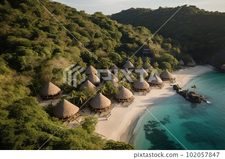 Aerial view of a resort built entirely of sustainable materials, woven bamboo huts dotting the hillside, overlooking turquoise blue bays and white sand beaches. Eco-friendly travel. Generative AI Aerial view of a resort built entirely of sustainable materials, woven bamboo huts dotting the hillside, overlooking turquoise blue bays and white sand beaches. Eco-friendly travel. Generative AI 102057847