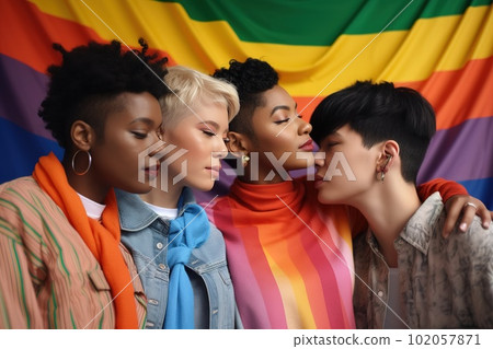 A featuring homosexual couples of different ethnicities, ages and styles embracing over a Pride flag background. Generative AI 102057871