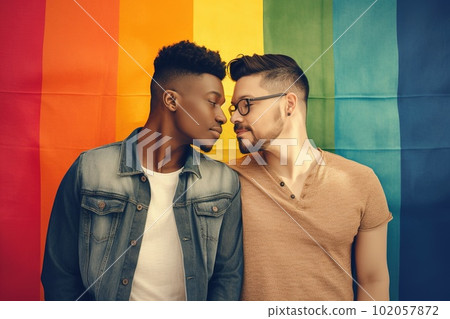 A featuring homosexual couples of different ethnicities, ages and styles embracing over a Pride flag background. Generative AI A featuring homosexual couples of different ethnicities, ages and styles embracing over a Pride flag background. Generative AI 102057872