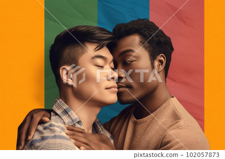 A featuring homosexual couples of different ethnicities, ages and styles embracing over a Pride flag background. Generative AI 102057873