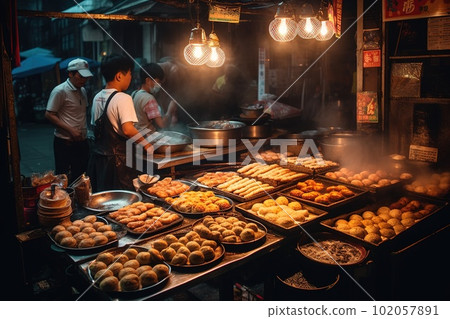 Chinese street food scene, featuring popular snacks like scallion pancakes, steamed baozi, skewers of grilled meat in vibrant, urban setting. Generative AI 102057891