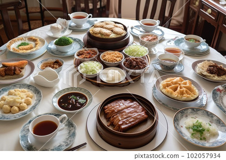 A delicious, Chinese meal, highlighting a variety of dishes such as Peking duck, mapo tofu and dumplings, served on a lazy Susan or large table, encouraging sharing and togetherness. Generative AI A delicious, Chinese meal, highlighting a variety of dishes such as Peking duck, mapo tofu and dumplings, served on a lazy Susan or large table, encouraging sharing and togetherness. Generative AI 102057934