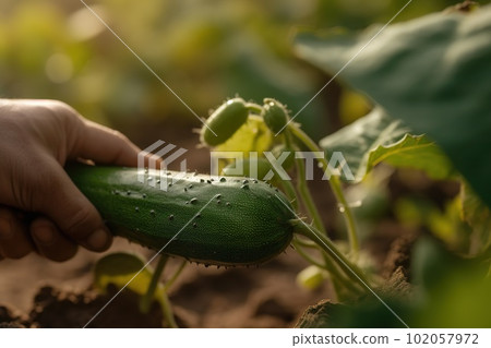A detailed, shot of a specific vegetable being harvested, such as a cucumber being gently picked from unearthed from the soil. Generative A detailed, shot of a specific vegetable being harvested, such as a cucumber being gently picked from unearthed from the soil. Generative 102057972