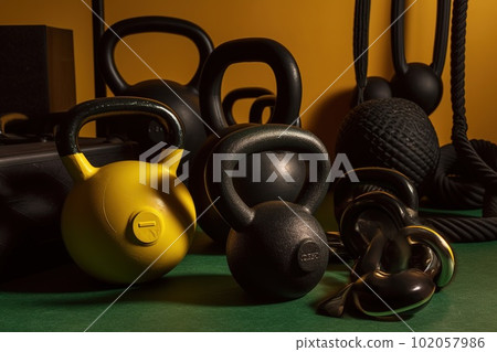 A close-up shot of gym equipment, such as dumbbells, resistance bands, or kettlebells, highlighting the variety of tools available for different workout styles. Generative AI 102057986