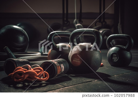A close-up shot of gym equipment, such as dumbbells, resistance bands, or kettlebells, highlighting the variety of tools available for different workout styles. Generative AI 102057988