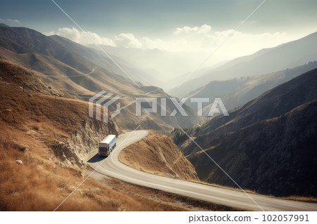 A scenic view of a truck driving through mountains: The image show a transport truck driving through a winding road in the mountains. Generative AI 102057991